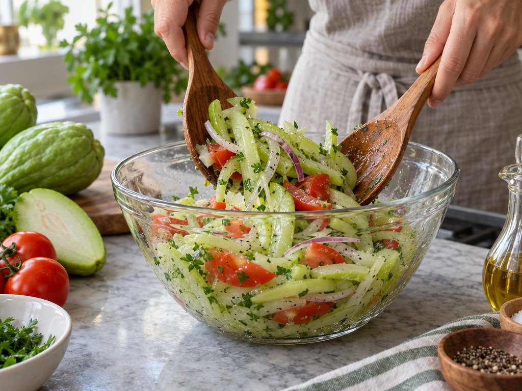 Cooking Brazilian Salada de Chuchu in the kitchen