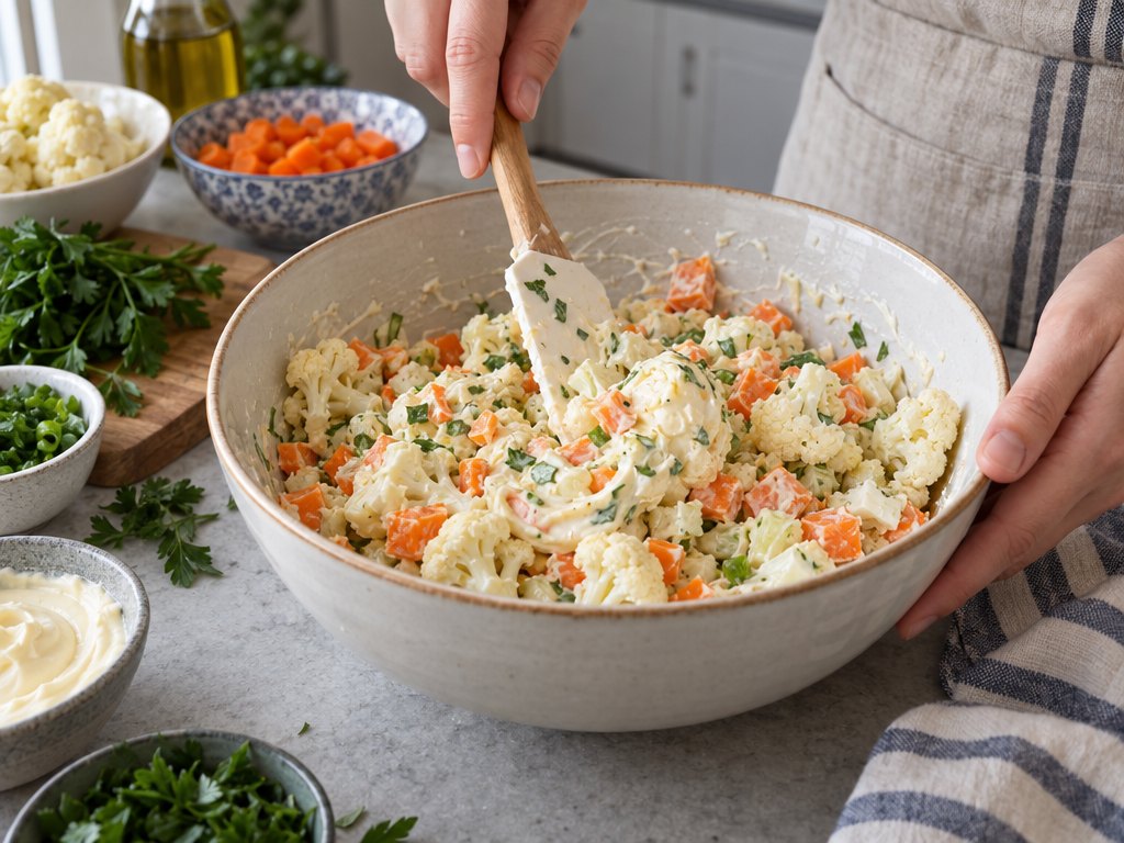 Cooking Brazilian Salada de Maionese in the kitchen