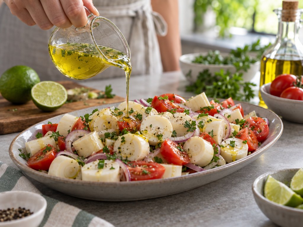 Cooking Brazilian Salada de Palmito in the kitchen