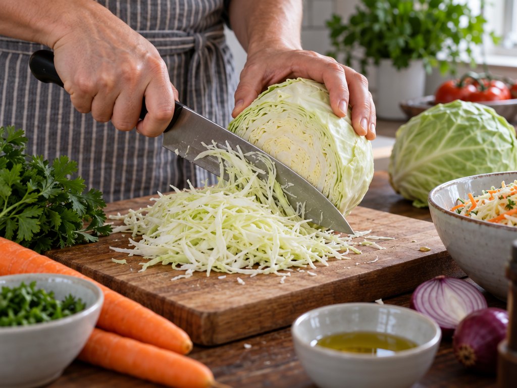 Cooking Brazilian Salada de Repolho in the kitchen