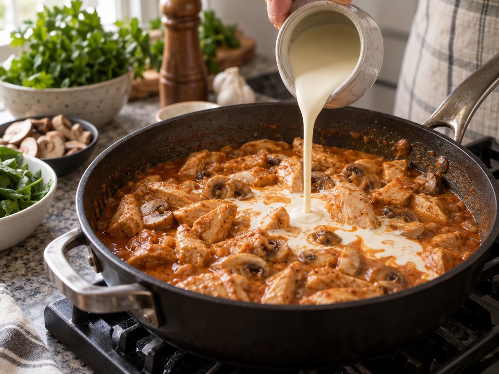 Cooking Brazilian Strogonoff de Frango in the kitchen