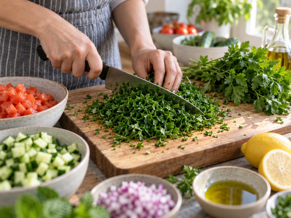 Cooking Brazilian Tabule in the kitchen