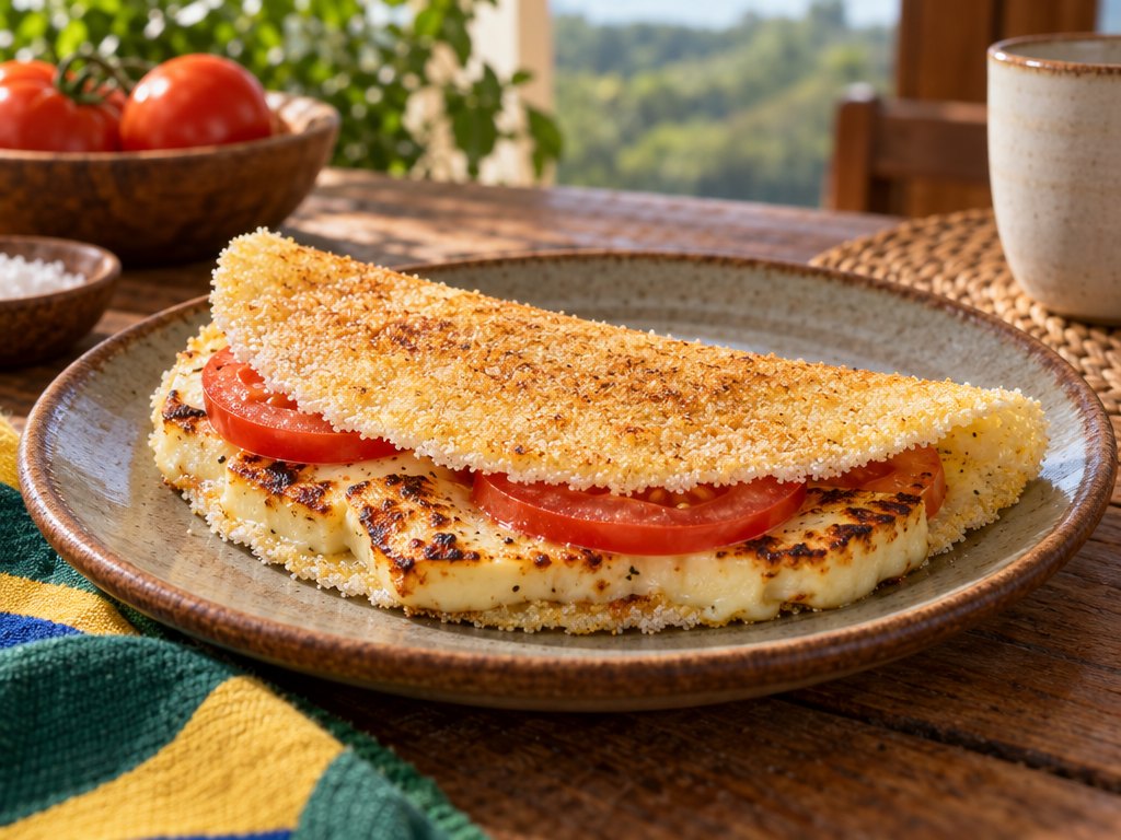 Brazilian Tapioca de Queijo Coalho, plated and ready to serve