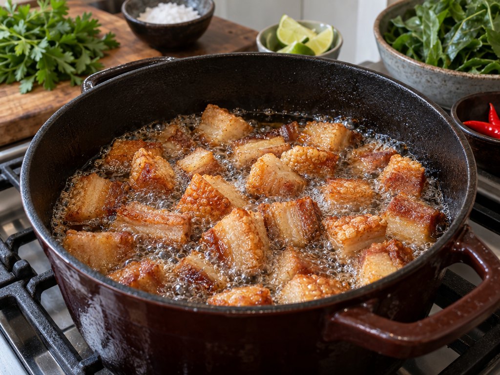 Cooking Brazilian Torresmo in the kitchen