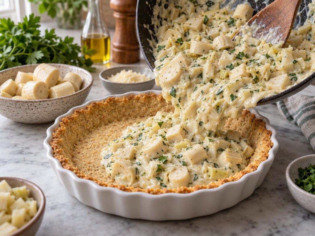 Cooking Brazilian Torta de Palmito in the kitchen