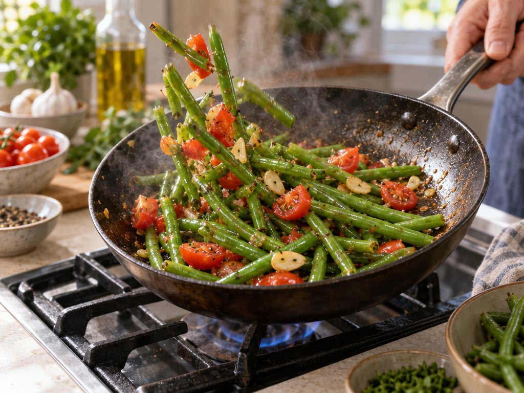 Cooking Brazilian Vagem Refogada in the kitchen