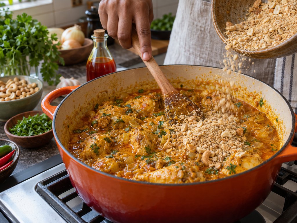Cooking Brazilian Xinxim de Galinha in the kitchen
