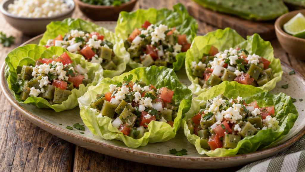 Cactus Salad Bites (Nopales en Bocadillo) in lettuce cups with queso fresco