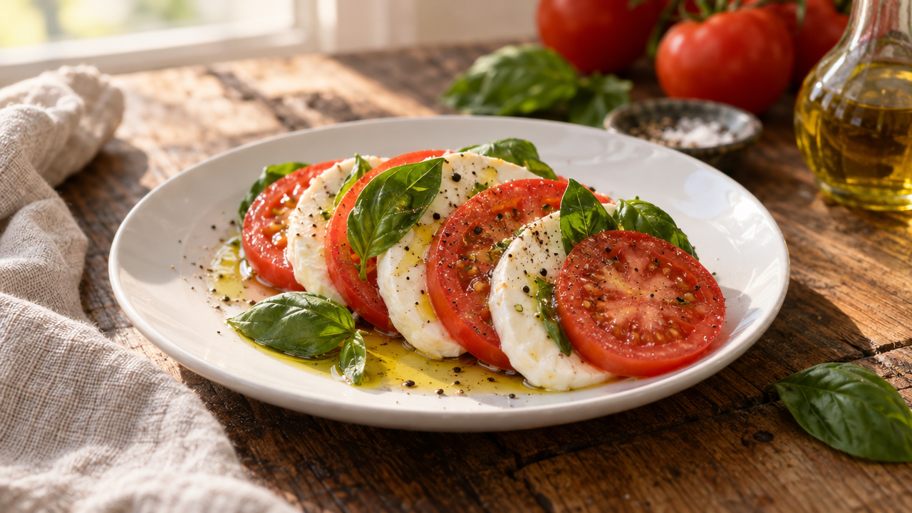Caprese side salad with tomato mozzarella and basil