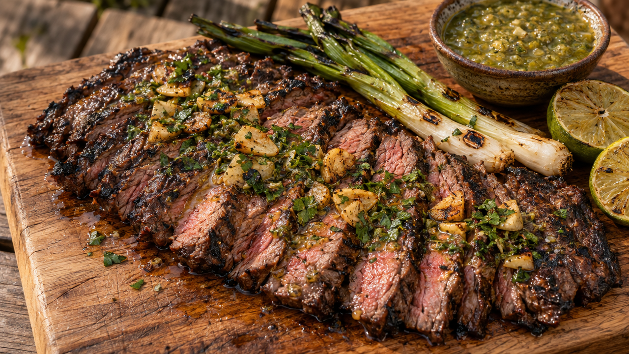 Carne Asada con Mojo de Ajo, plated and ready to serve