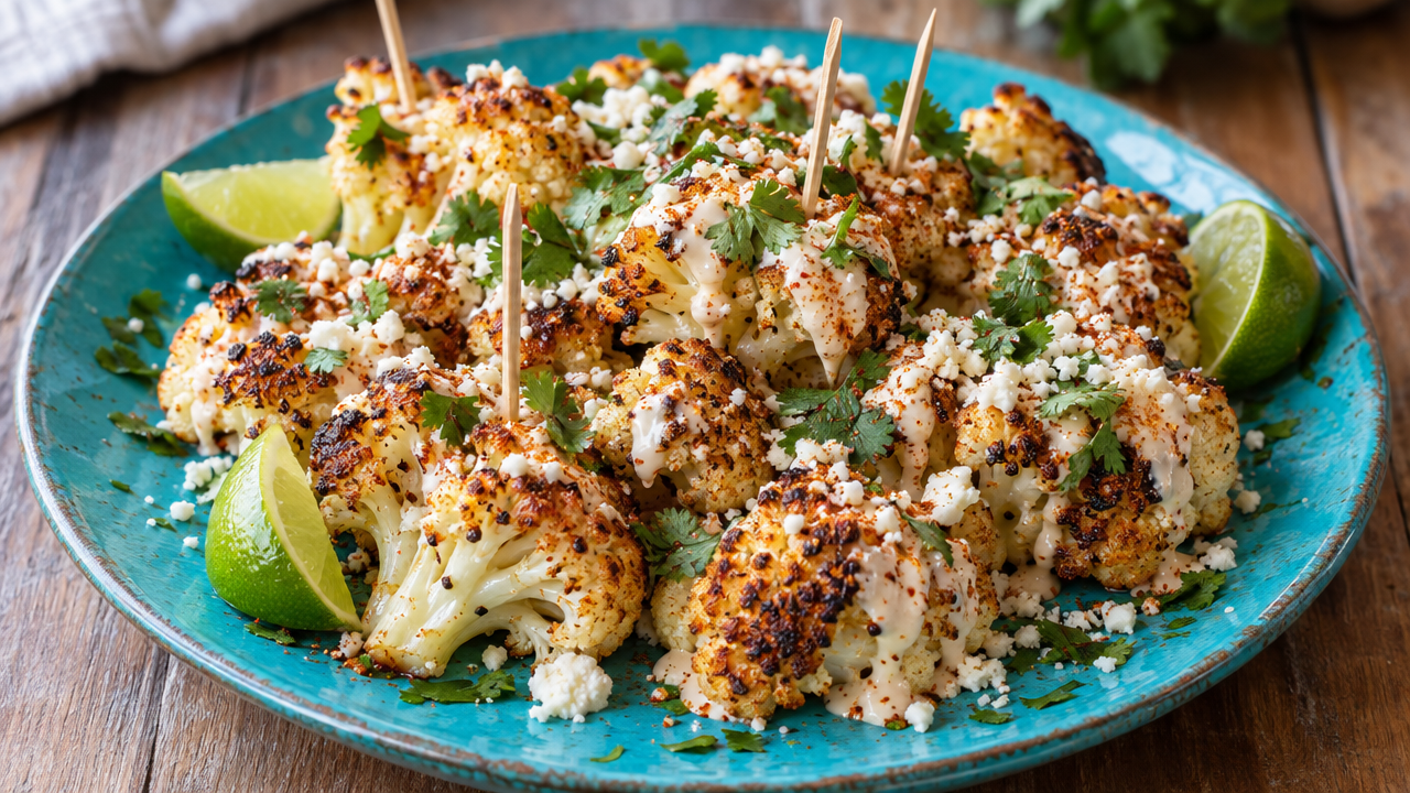 Cauliflower Elote Bites, plated and ready to serve