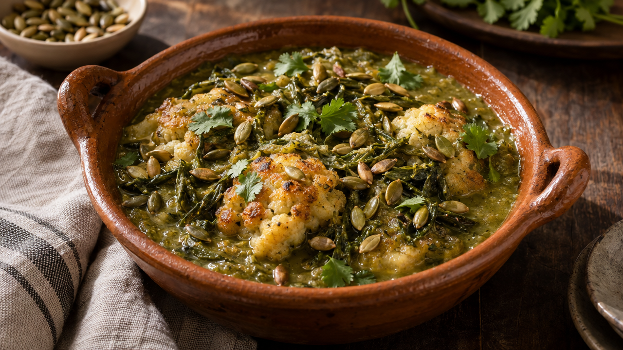 Cauliflower Romeritos Verde in tomatillo pepita sauce