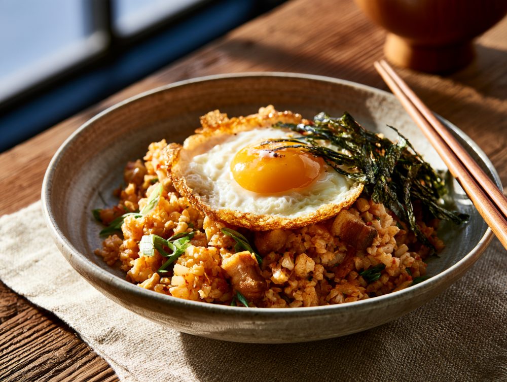 Korean Kimchi Bokkeumbap, plated and ready to serve
