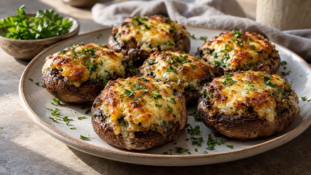 Keto Irish Cheese-Stuffed Mushrooms, plated and ready to serve