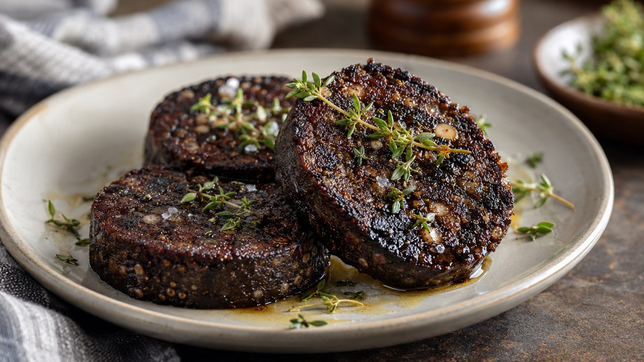 Keto Irish Black Pudding Bites, plated and ready to serve