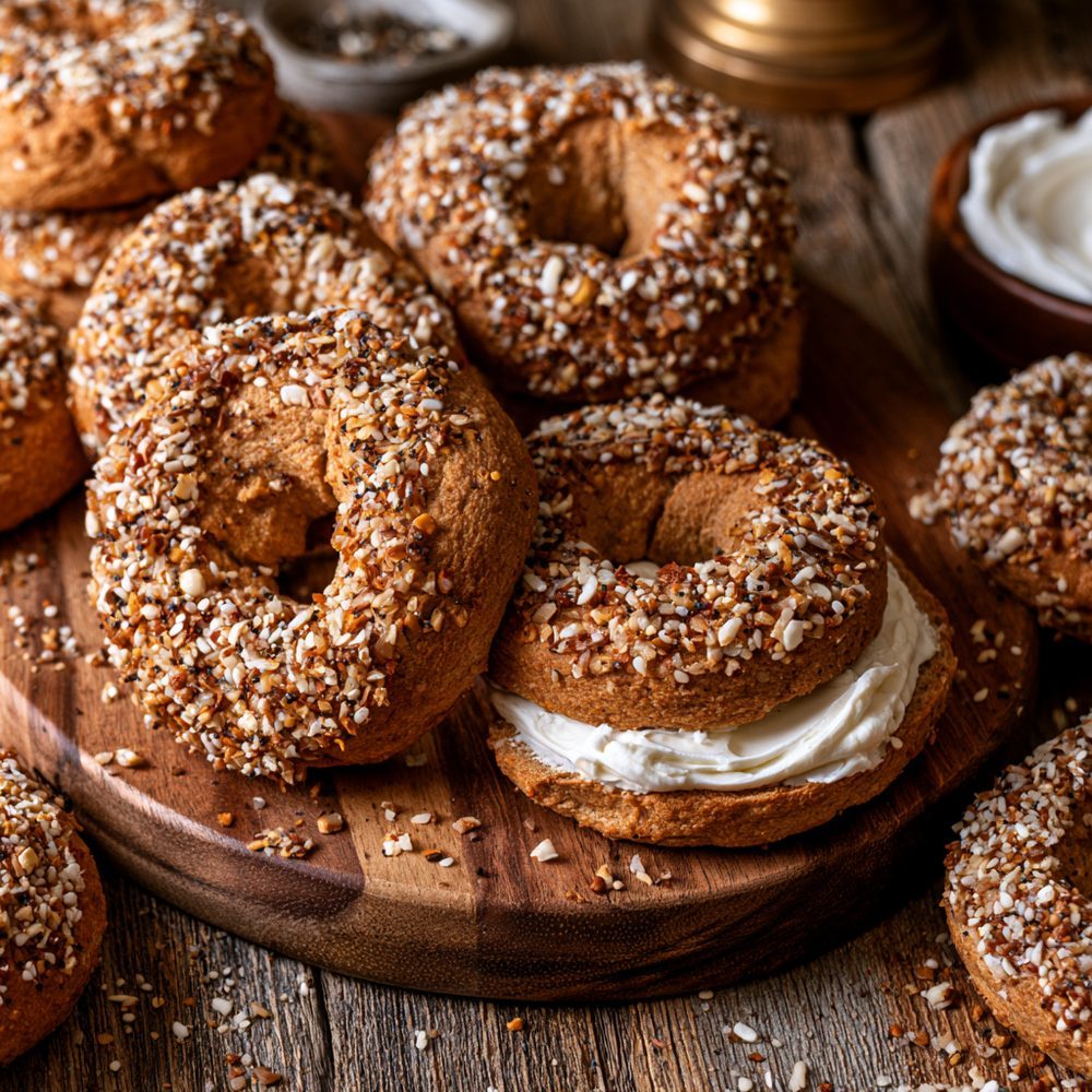 Everything Bagel Almond Flour Bagels, plated and ready to serve