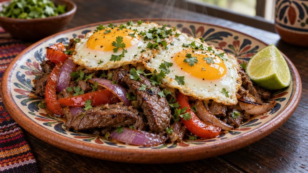 Huevos con Lomo, plated and ready to serve
