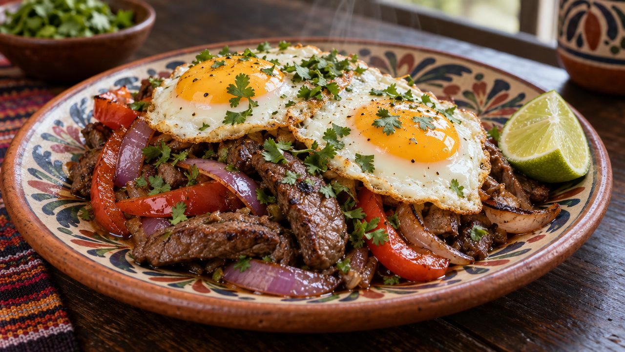 Huevos con Lomo, plated and ready to serve