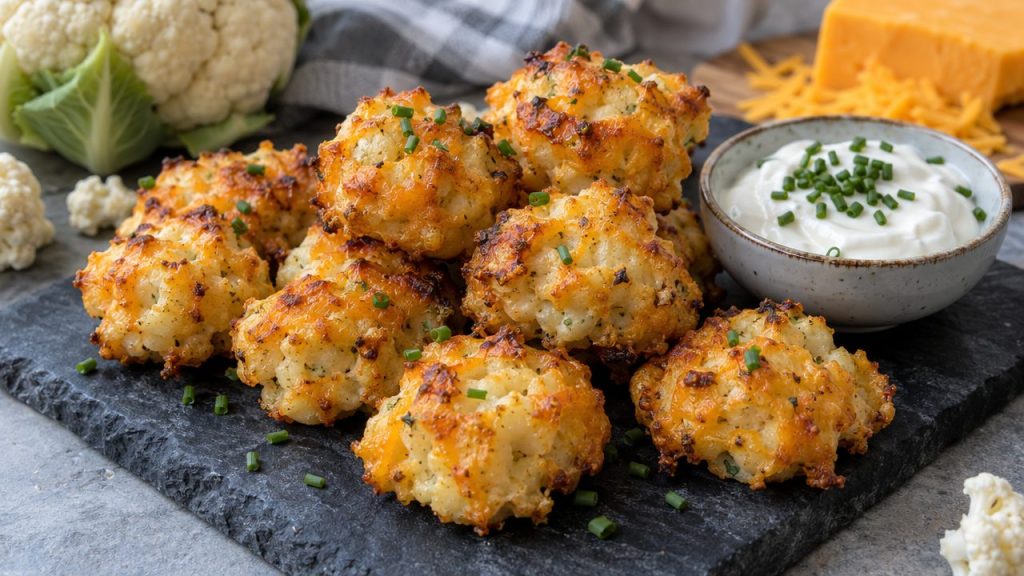 Keto Irish Cheddar and Cauliflower Bites, plated and ready to serve