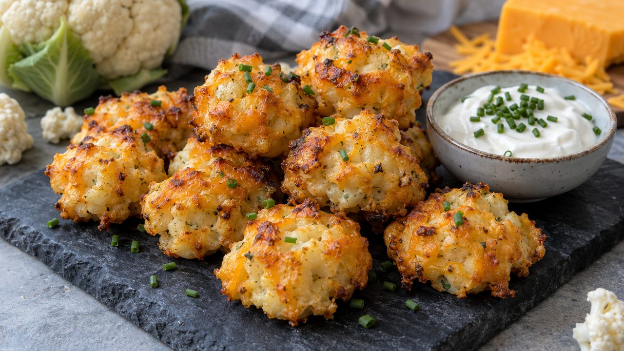 Keto Irish Cheddar and Cauliflower Bites, plated and ready to serve