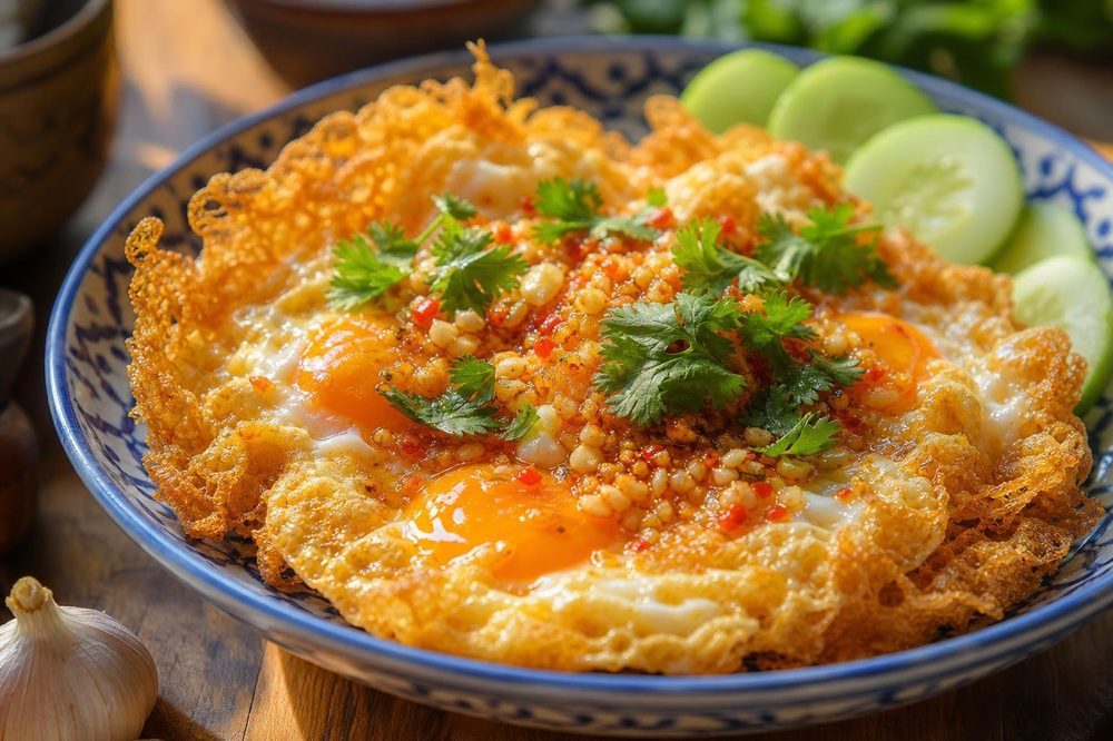 Khai Dao Fried Eggs with Garlic Chili, plated and ready to serve