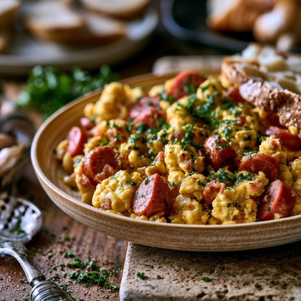 Polish Jajecznica, Scrambled Eggs with Kielbasa, plated and ready to serve