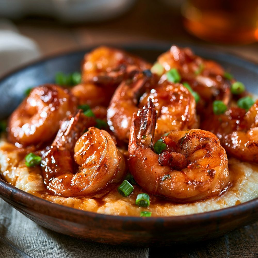 Cheesy Keto Shrimp and Grits, plated and ready to serve