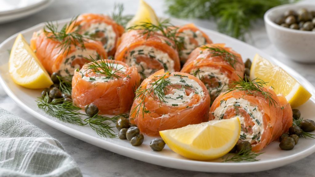 Keto Irish Smoked Salmon Rolls, plated and ready to serve
