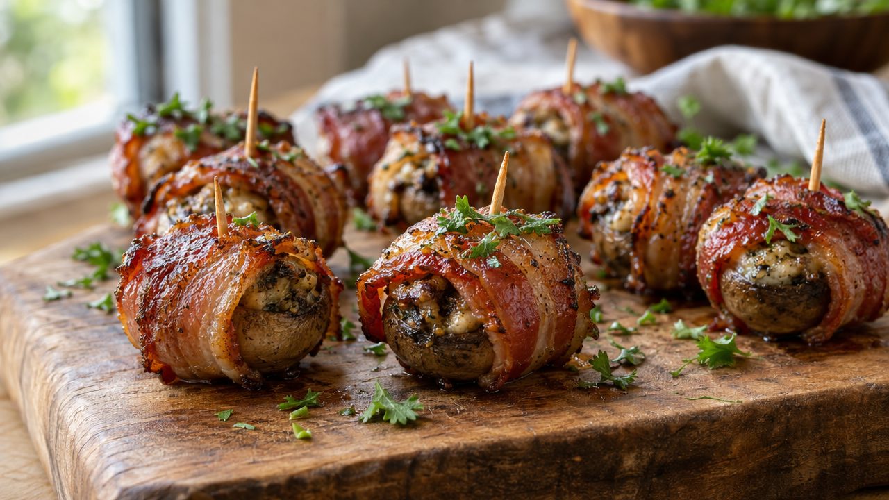 Keto Irish Bacon-Wrapped Mushrooms, plated and ready to serve