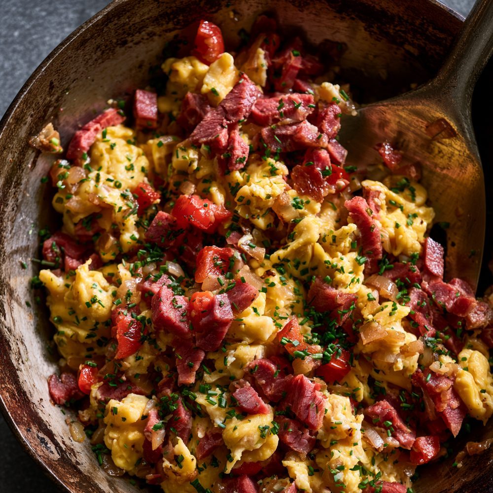 Pastrami and Egg Scramble, plated and ready to serve