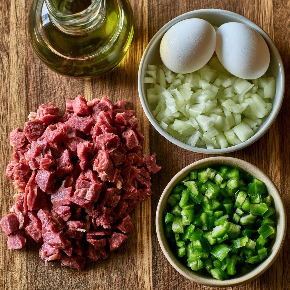 Ingredients for Pastrami and Egg Scramble