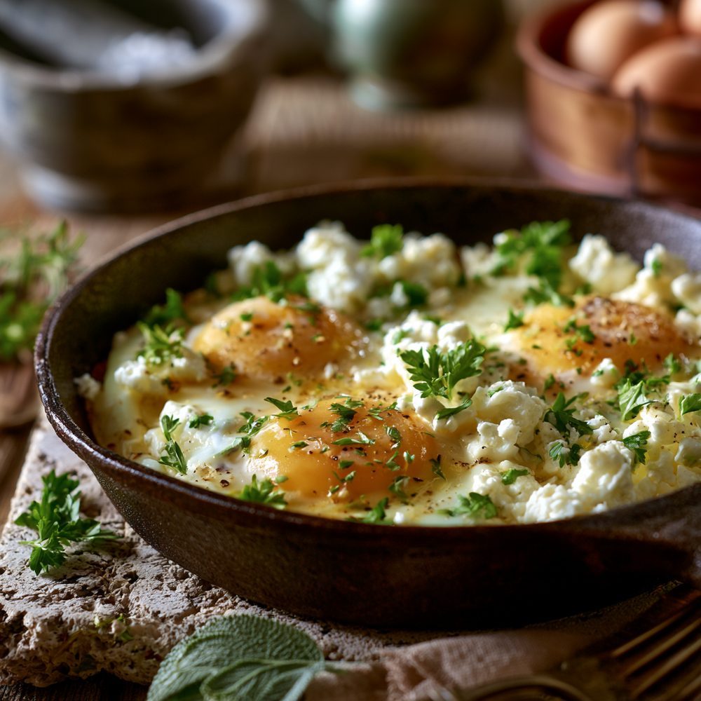 Polish Twaróg & Egg Skillet, Farmer's Cheese, plated and ready to serve