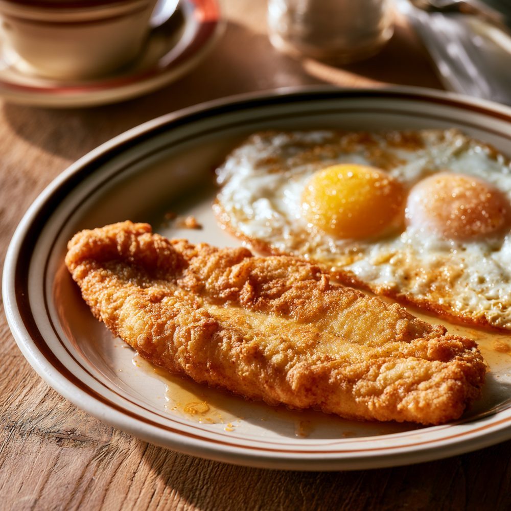 Southern Fried Catfish and Eggs, plated and ready to serve