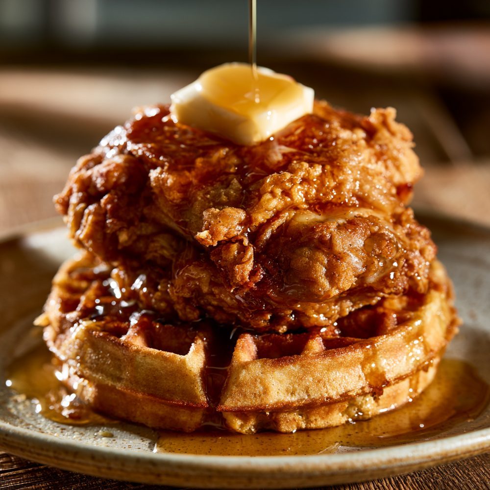 Chicken and Waffles, Keto-Style, plated and ready to serve