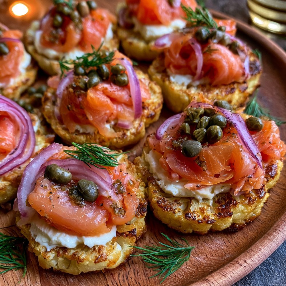 Lox and "Cream Cheese" Cauliflower Bagel Bites, plated and ready to serve