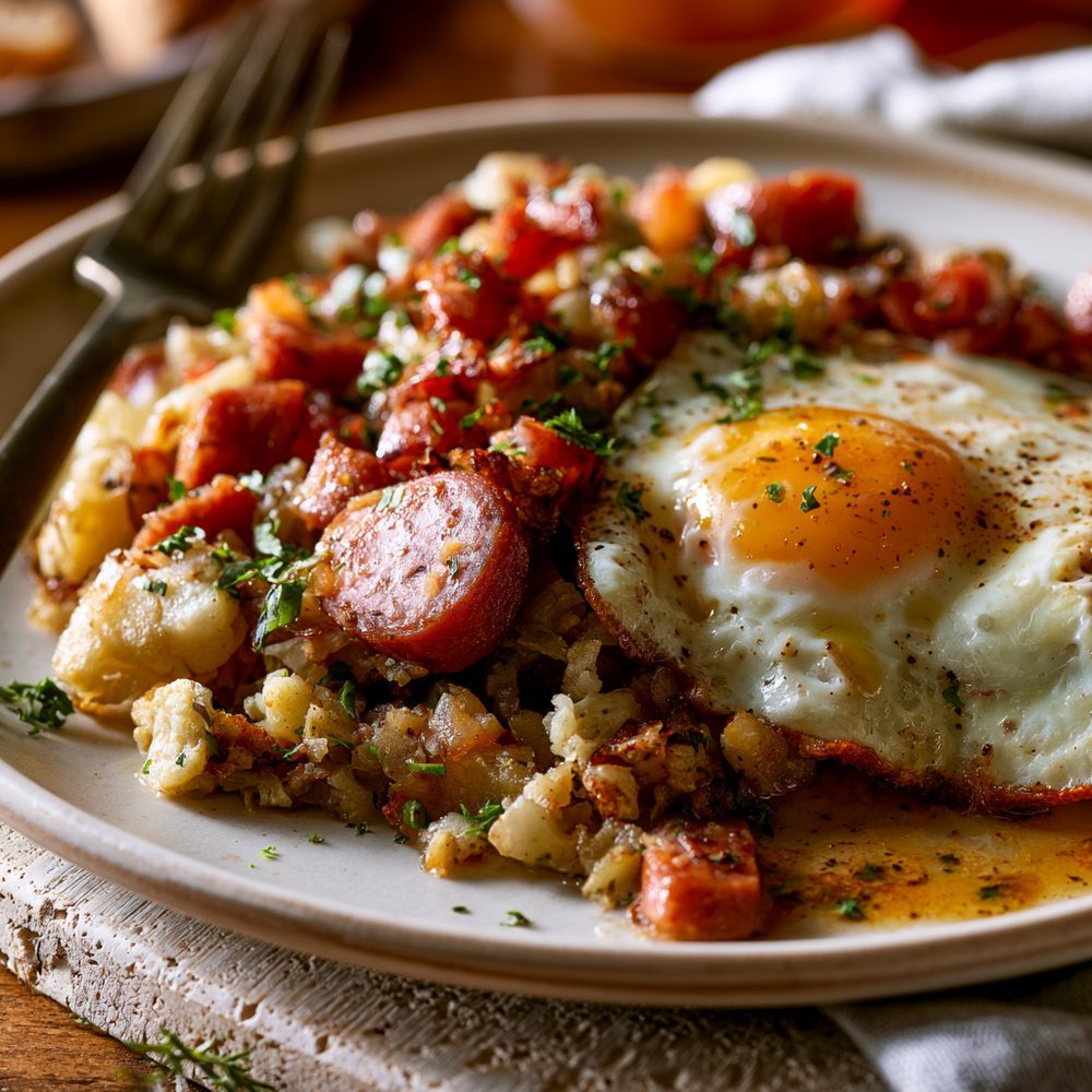 Polish Kiełbasa & Egg Hash, Cauliflower Base, plated and ready to serve
