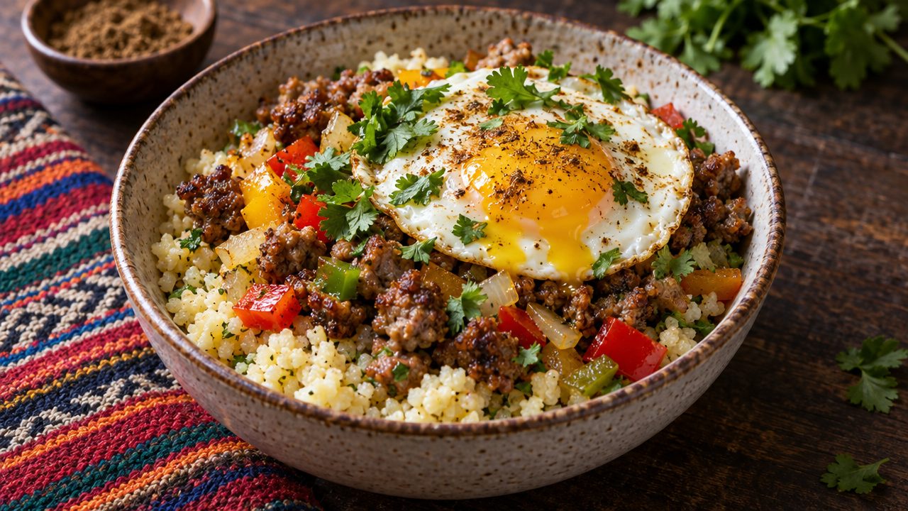 Quinoa-Free Breakfast Bowl, plated and ready to serve