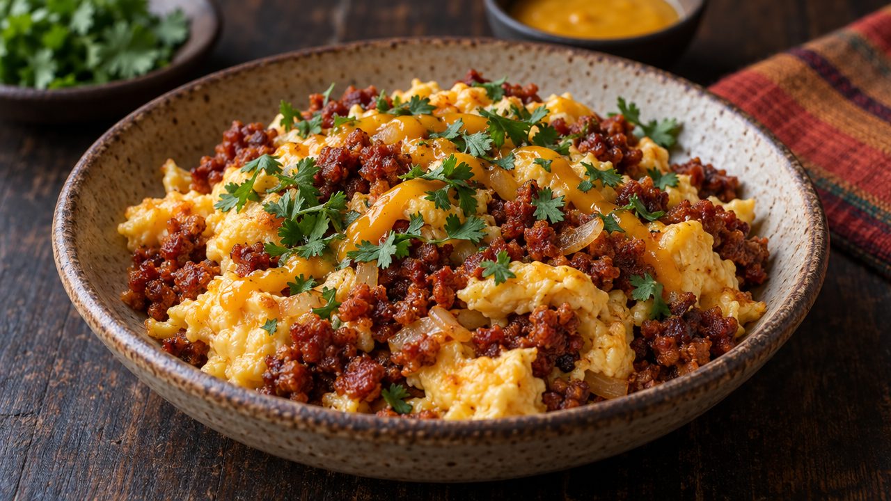 Chorizo & Eggs, plated and ready to serve