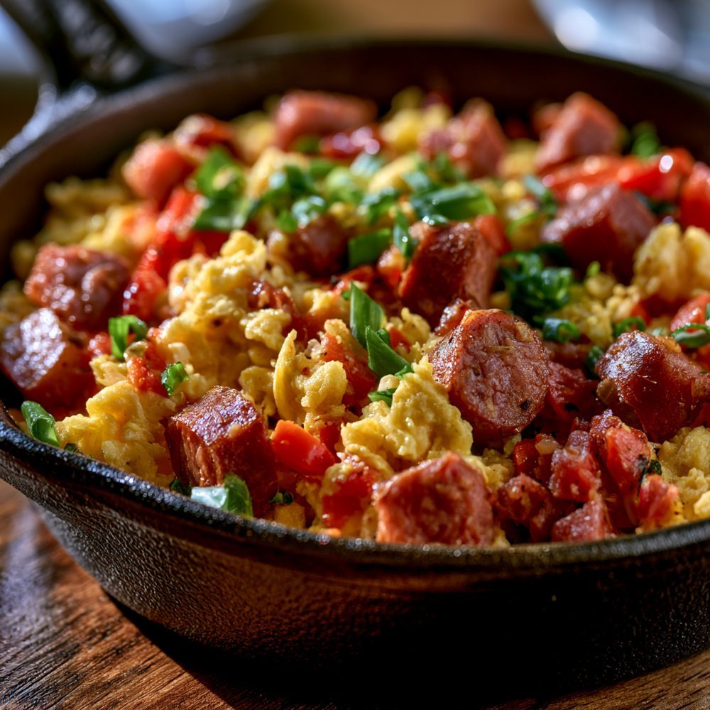 Smoked Sausage and Pepper Scramble, plated and ready to serve