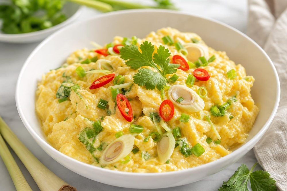 Coconut Scrambled Eggs with Lemongrass, plated and ready to serve