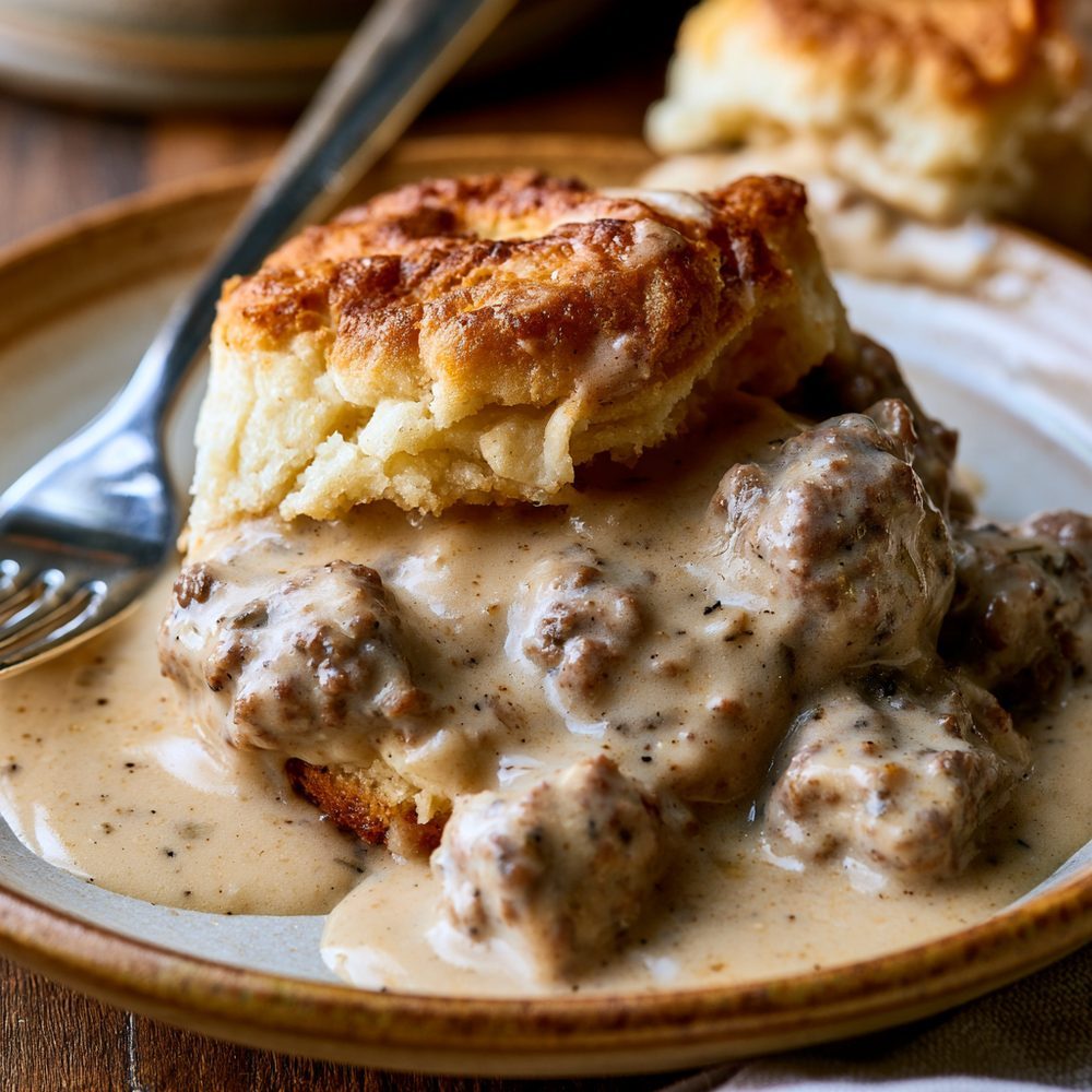 Keto Buttermilk Biscuits and Sawmill Gravy, plated and ready to serve