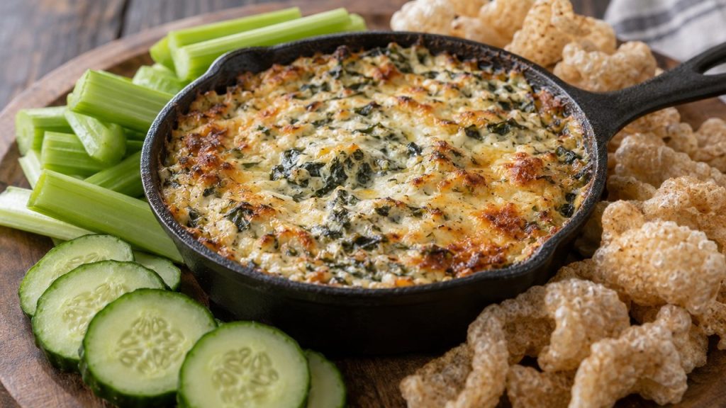 Keto Irish Cheese and Spinach Dip, plated and ready to serve