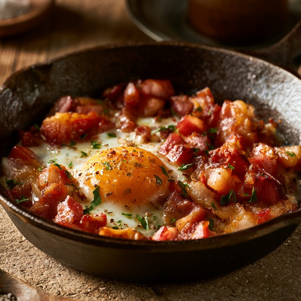 Polish Boczek & Egg Skillet, Smoked Bacon, plated and ready to serve