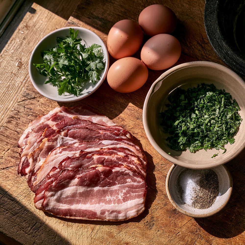 Ingredients for Polish Boczek & Egg Skillet, Smoked Bacon