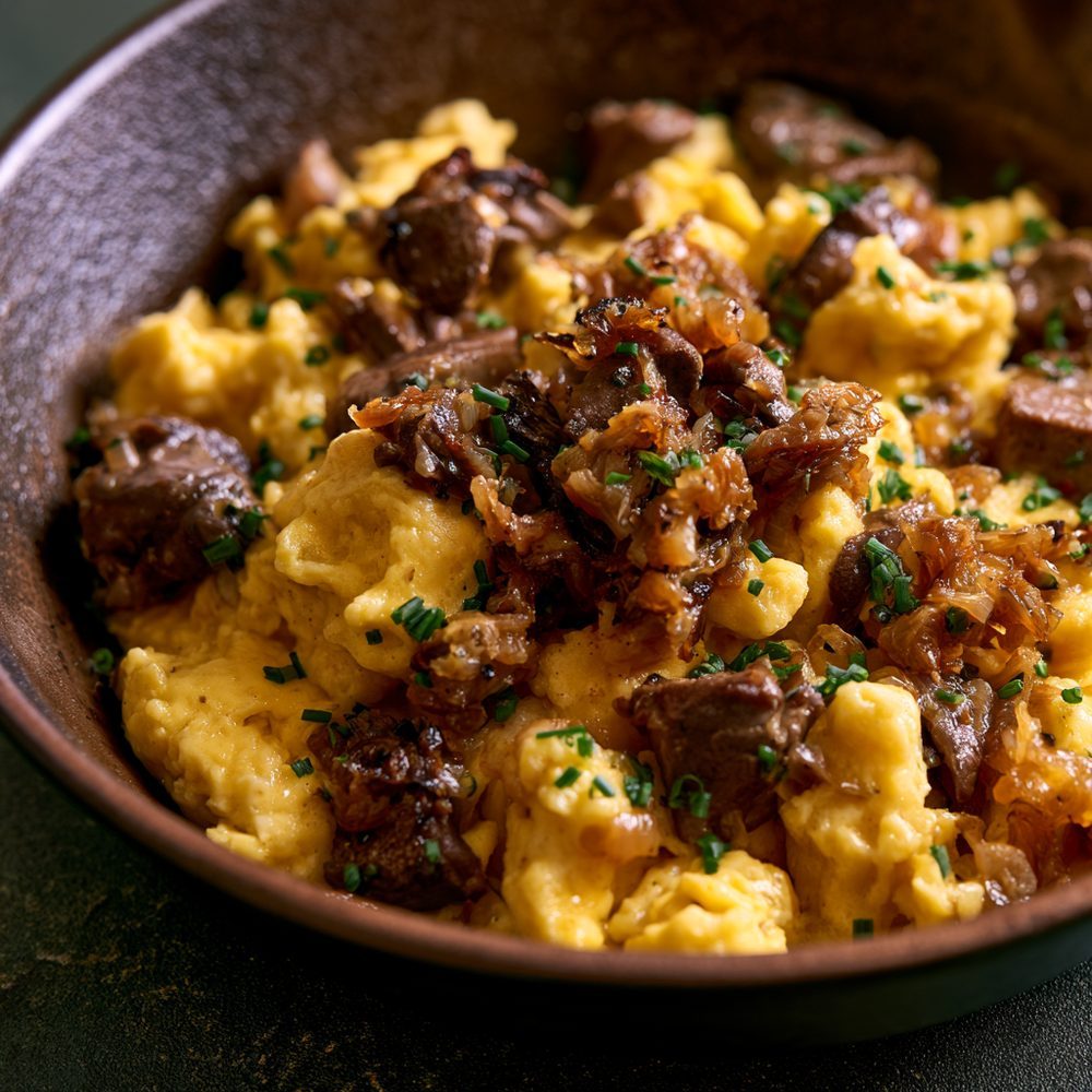 Chopped Liver and Eggs Skillet, plated and ready to serve