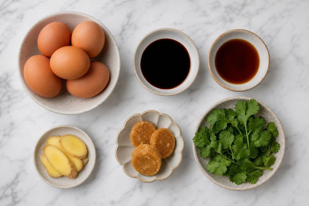 Ingredients for Kai Luak Soft Boiled Eggs with Soy Ginger
