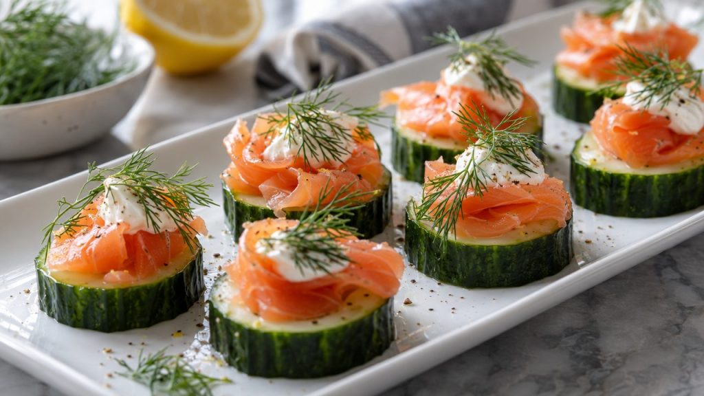 Keto Irish Salmon and Cucumber Bites, plated and ready to serve