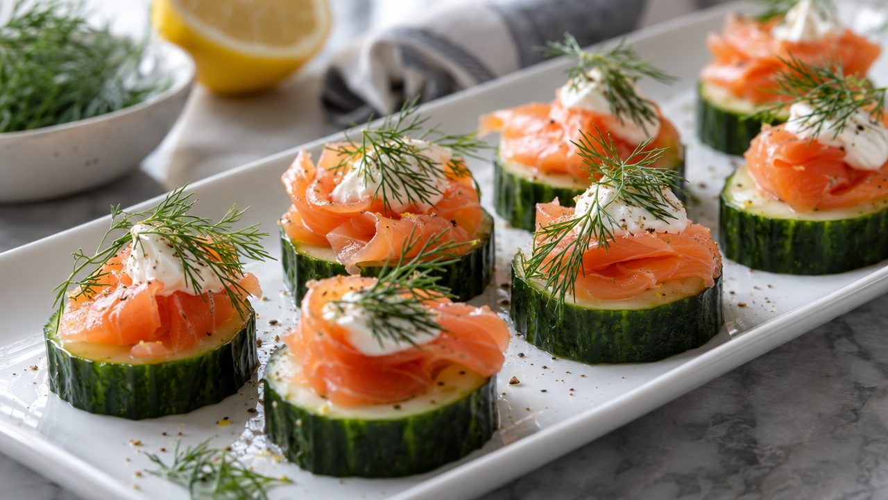 Keto Irish Salmon and Cucumber Bites, plated and ready to serve