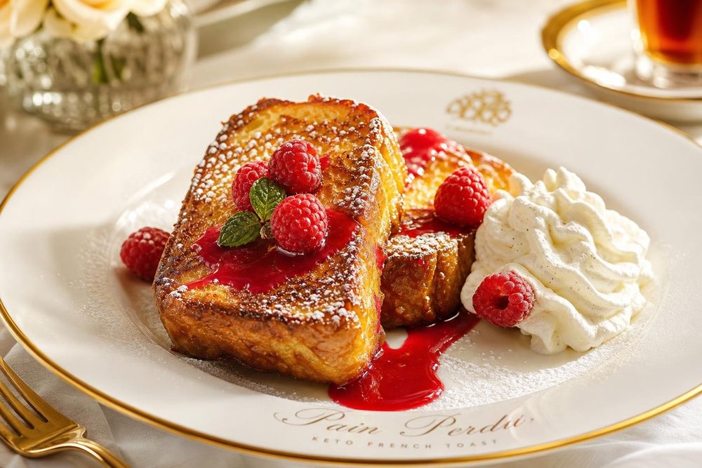 Pain Perdu Keto Framboises, plated and ready to serve