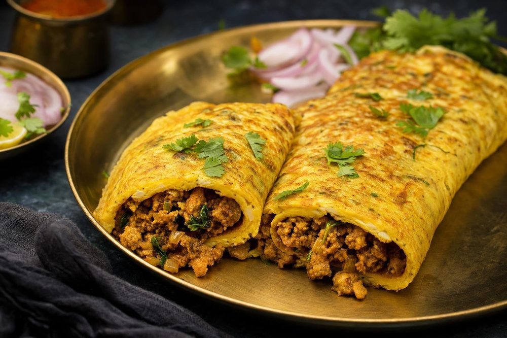 Chicken Keema Omelette, plated and ready to serve